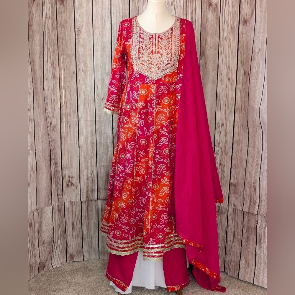 Elegant Pink and Orange Embroidered Anarkali Dress | Indian Dress - Picture 3 of 12
